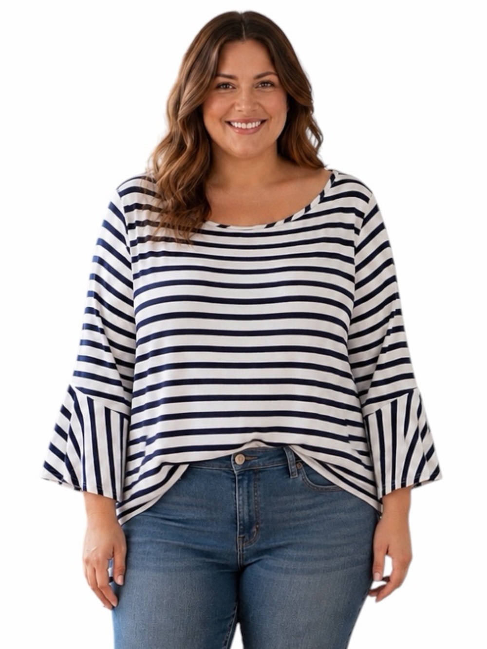 Green Envelope 1X White & Navy Blue Stripe Tunic Casual Shirt Bell Sleeves